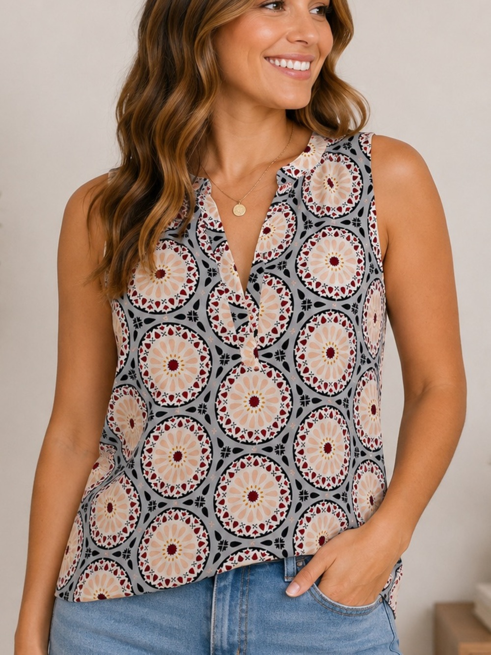 LOFT Beige Multi Medallion Sleeveless V-Neck Camisole